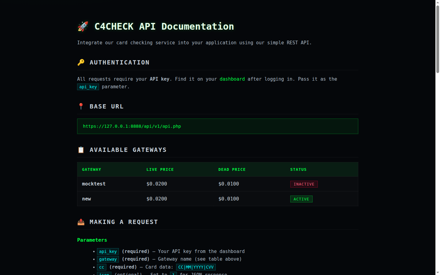C4CHECK API documentation with authentication and response examples