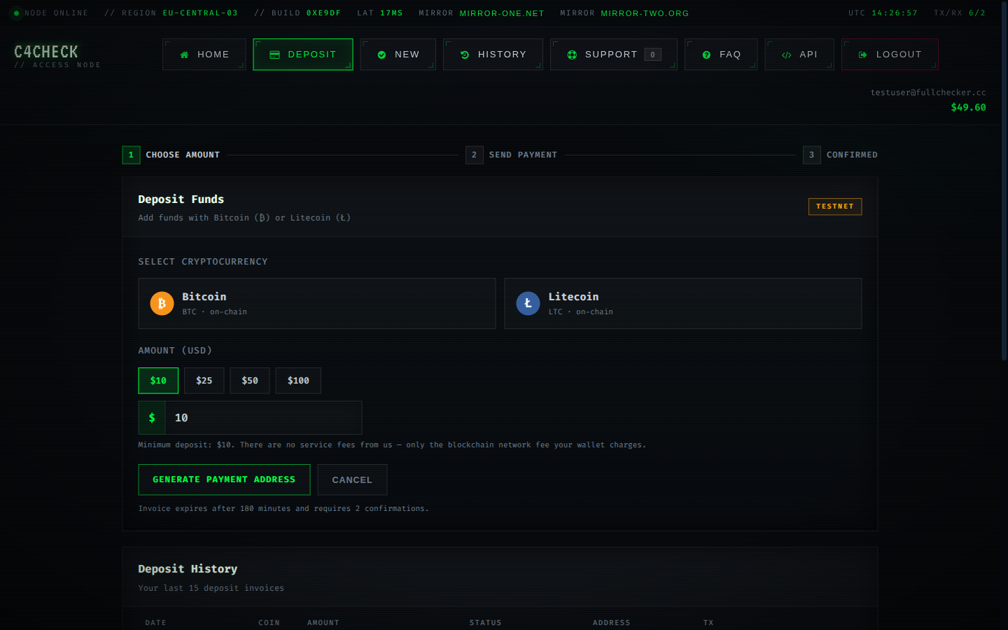 Crypto deposit page with BTC and LTC funding options