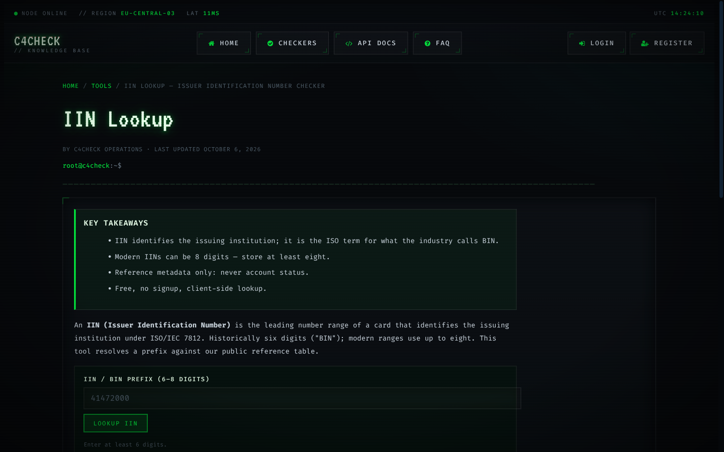 The BIN Lookup — Identify Card Brand and Type (Free) tool running on C4CHECK with sample input