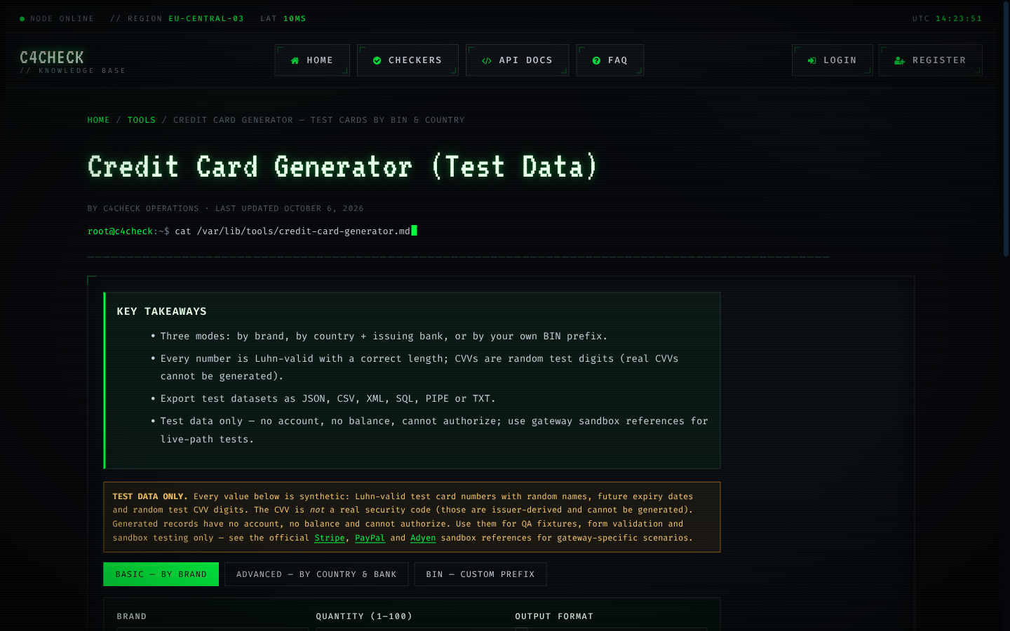 The Credit Card Generator — Test Cards by BIN & Country tool running on C4CHECK with sample input