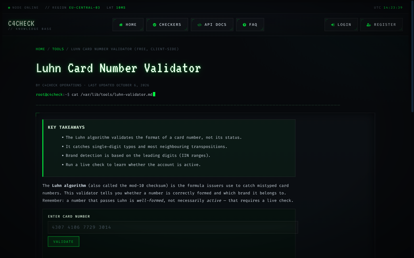 Luhn validator confirming generated test numbers pass the checksum